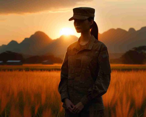 Create a realistic HD image of a lone, private first-class soldier in a military uniform. The soldier should be South Asian female standing on a grassy field during a golden sunset, with a distant silhouette of mountains in the background.